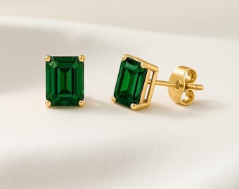 14K Gold Emerald Cut Green Gemstone Stud Earrings • Sterling Silver Studs • Minimalist Gift Jewelry