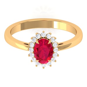 Förlovningsring i labbodlad rubin: Diana Halo-ring i sterlingsilver