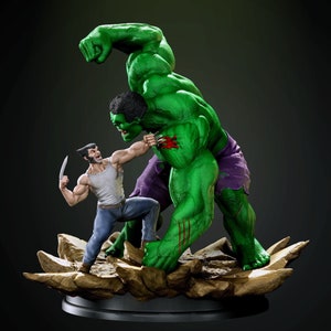 Peut inclure: Une figurine verte de Hulk est représentée en position de combat avec une figurine brune de Wolverine. Les figurines sont sur une base rocheuse de couleur brun et gris.