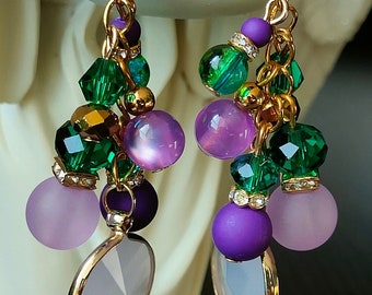 Gorgeous Cluster Earrings, Statement Earrings, Crystal Glass Earrings, Beautiful Dangle Drop Earrings, Unique, Sparkly, Purple & Teal, Gift