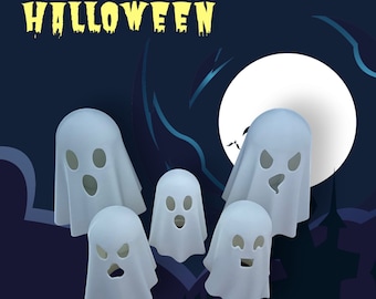 Könnte beinhalten: Fünf weiße Geisterfiguren mit verschiedenen Gesichtsausdrücken vor einem dunkelblauen Hintergrund mit dem Wort "HALLOWEEN" in gelben Buchstaben oben.