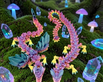 Crystal Dragon & Flying Dragon Roses – Colorful 3D Printed Dragon Figurine - Articulated - Fantasy Decoration - Gift for Dragon Fans - Dragon Fidget