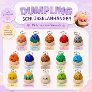 Könnte beinhalten: Eine Sammlung von fünfzehn Dumpling-Schlüsselanhängern, jeder mit einem lächelnden Gesicht und einer Basis in Form eines Dampfgarerkörbchens. Die Anhänger sind in verschiedenen Farben erhältlich: Pfirsich, Galaxie, Kupfer, Rot, Grau, Orange, Blau, Braun, Grün, Hellblau, Gelb, Regenbogen, Weiß, Hellgrün und Gold.
