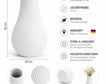 XXL White Designer Vase 32 cm – Modern 3D Structure Vase – Ø 23 cm Opening 9.4 cm – Lightweight & Sturdy – Made in Germany – Waterproof