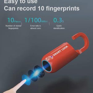 May include: Red Smart Lock with the text "SMART LOOK". The image shows the lock with a fingerprint being scanned. The text indicates it can store 10 fingerprints, with a quick identification time of 0.3 seconds.