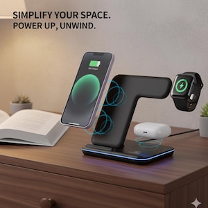 3-in-1 Fast Wireless Charging Station — Portable Magnetic Phone + Smartwatch + Earbuds Charger | USB-C Qi Fast Charge
