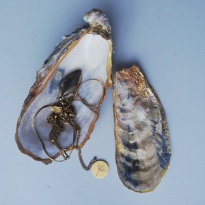 Könnte beinhalten: Zwei Austernmuscheln, eine mit goldenem Innenraum und die andere mit weißem Innenraum, dienen als dekorativer Schmuckhalter. Die Muschel mit dem weißen Innenraum enthält eine Vielzahl von goldenen Schmuckstücken, darunter eine Halskette, Ohrringe und einen Ring. Die Muschel mit dem goldenen Innenraum ist leer.