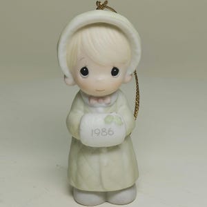 1986 Precious Moments Enesco Vintage Girl with Gift Ceramic Ornament - Perfect for Home Decor or Collectors