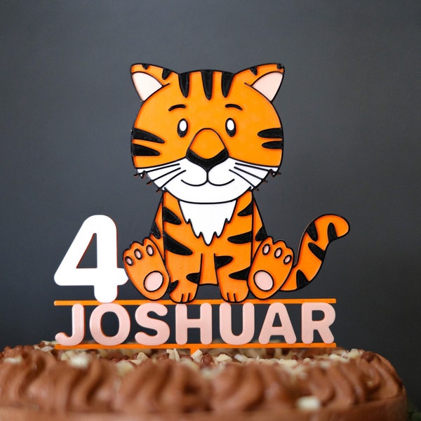 Caketopper Tiger Tiere Zoo Kindergeburtstag Personalisierbar mit Name und Zahl Mehrfarbig