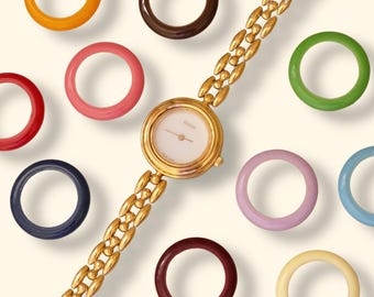 Vintage 1990 Gucci 11/12.2 Interchangeable Bezel Watch Gold Plated Swiss Ladies Watch Original Box 11 of 12 Bezels Working