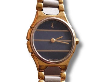 ヴィンテージ レディース 1990年代 YSL クォーツ ツートーン ウォッチ - ブルーストライプ文字盤