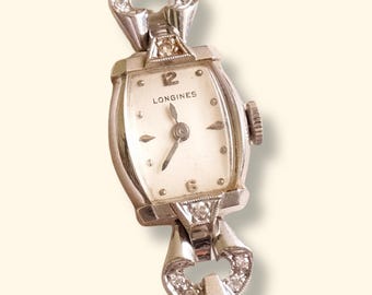 Rare Art Deco Style 1950s Longines Diamond Wristwatch, 14K White Gold Vintage Ladies Swiss Watch, 17 Jewel Movement