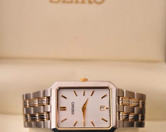Vintage Two-Tone Seiko Rectangular Dress Watch with Date, Box Papers