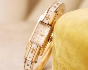 1960s Ernest Borel Gold Plated Bangle Watch, Enamelled Fleur De Lis Mechanical Working