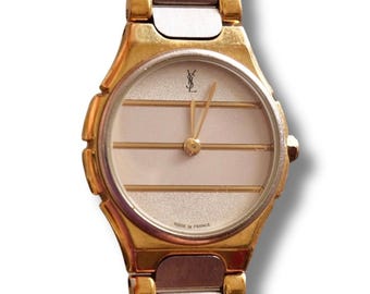 ヴィンテージ レディース 1990年代 YSL クォーツ ツートーン ウォッチ - ホワイト＆シルバー ストライプ文字盤
