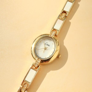 Vintage Limit Ladies 90s Gold Tone Bracelet Watch - White Enamel Links - Elegant Oval Face Working