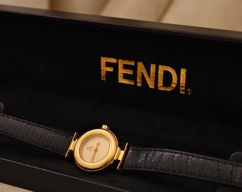 Fendi Orologi 320L Vintage Ladies Gold Champange Dial Leather Strap Watch In Box Working