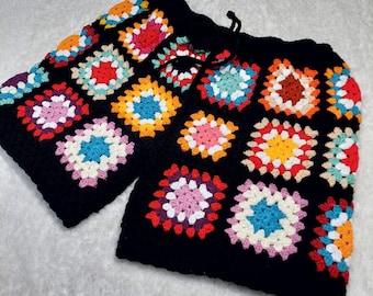 Hand Knitted Cotton Granny Square Shorts: Colorful Crochet Beachwear