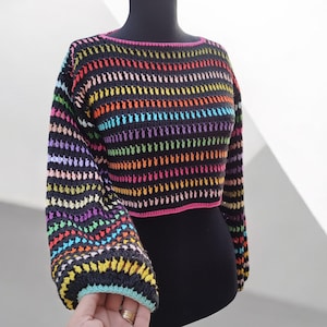 Handmade Crochet Crop Top: Colorful Long Sleeve Pullover Sweater