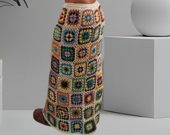 Crochet Maxi Skirt, Crochet Granny Square Skirt, Women's Hand Knitted Skirt, Crochet Pencil Skirt, Vintage Crochet Skirt,Handmade Long Skirt