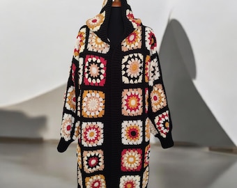 Cárdigan de algodón a crochet hecho a mano: abrigo bohemio vintage de abuela con cuadrados