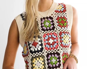 Patchwork Sweater, Granny Square Sweater, Granny Square Vest, Handmade Granny Square Top,tig heat vest