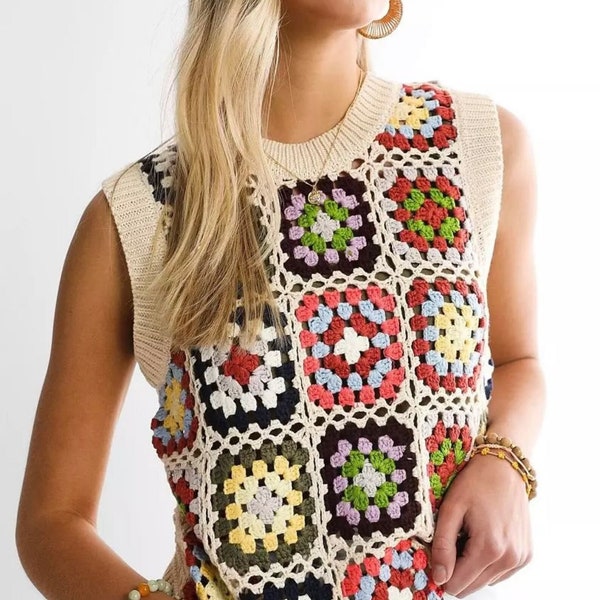 Patchwork Sweater, Granny Square Sweater, Granny Square Vest, Handmade Granny Square Top,tig heat vest