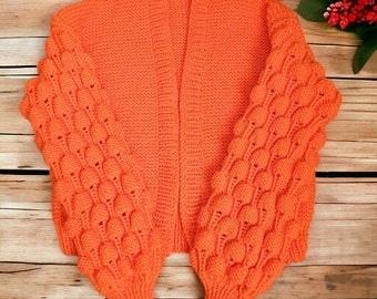 Orange Balloon Sleeve Cardigan, Handmade Knitted Sweater,Thick Knitted Sweater,Balloon Sleeve Sweater,Women's Knitted Cardigan, Gift for Her