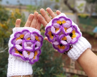 Crochet Fingerless Gloves, Purple Gloves, Winter Gloves, Women's Gloves, Half Finger Gloves