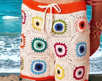 Colorful Ethnic Shorts for Men, Granny Square Shorts,Bohemian Men’s Shorts, Motifli Renkli Şort,Unisex Handknit Crochet Shorts,Summer Shorts