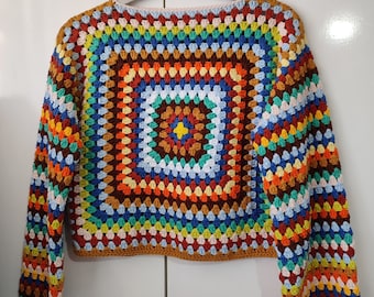 Handmade Crochet Granny Square Sweater: Colorful Patchwork Knit