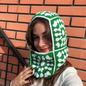 Crochet Balaclava,Granny Square Balaclava,Unisex Handknitted Balaclava,Mother&#39;s Day Gift,Women Balaclava,Green White Balaclava
