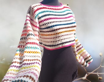 Handgemaakte gehaakte crop-top trui: kleurrijk gebreid katoen, patchwork trui