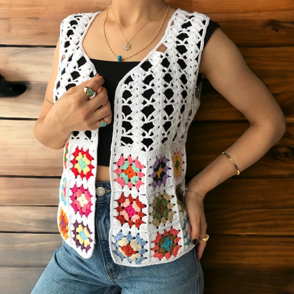 Handmade Crochet Granny Square Vest: 100% Cotton Summer Top