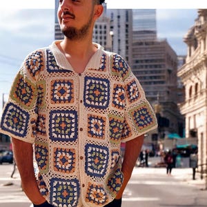 COLORFULBOUTQUE Style Colorful Ethnic Motif Unisex Shirt, Summer Shirt, Crochet Unisex Shirt, Vintage Crochet Shirt, Crochet Shirt for Men