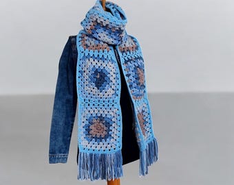 Handmade Granny Square Scarf: Crochet Patchwork Winter Scarf