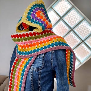 Crochet Hooded Scarf, Colorful Boutque style wool scarf, Granny Square Crochet Balaclava, Christmas Gift, Hand Knitted Balaclava scarf