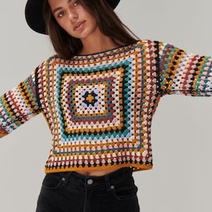 Crochet Pullover, Granny Square Sweater, Handmade Granny Square Pullover, Crochet Patchwork Sweater, Handmade Colorful Sweater