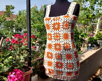 Crochet Granny Square Dress, Crochet Mini Dress, Festival Boho Dress, Women's Dress, Summer Dress, Handmade Women's Dress