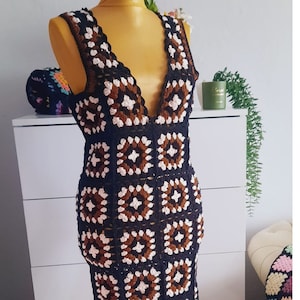 Crochet Granny Square Maxi Dress: Handmade Bohemian Cotton-Acrylic Blend