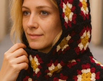 Black Granny Square Colorful Balaclava, Crochet Hoodie, Unisex Balaclava, Vintage Style Winter Scoodie