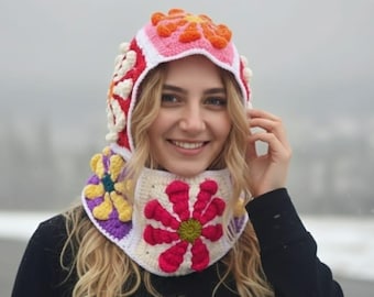 Hand-Knitted Wool Balaclava: Colorful Crochet Floral Ski Mask