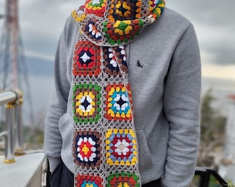 Cachecol quadrado de algodão feito à mão para avó: tricô de crochê colorido