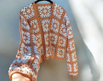 Hand-Knit Granny Square Cardigan: Crochet Crop Jacket, Retro Style