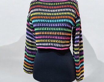 Handmade Crochet Crop Top: Colorful Long Sleeve Pullover Sweater