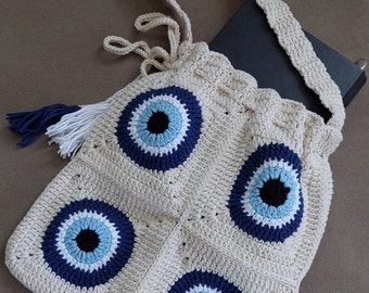 Crochet Evil Eye Bag: Handmade Cotton Knitted Shoulder Bag
