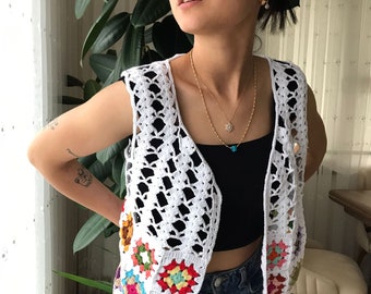 Handmade Crochet Granny Square Vest: 100% Cotton Summer Top