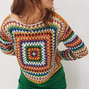 Crochet Sweater, Handmade Grandma Square Sweater, Crochet Patchwork Sweater, Handmade Colorful Sweater, Gift for Her image 2