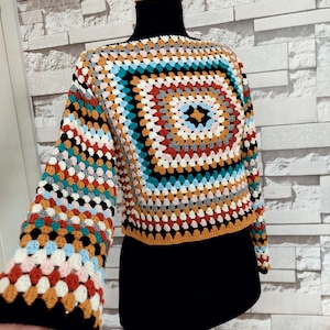 Crochet Pullover, Granny Square Sweater, Handmade Granny Square Pullover, Crochet Patchwork Sweater, Handmade Colorful Sweater
