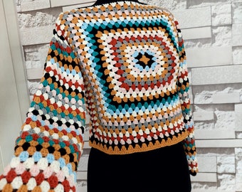 Handmade Crochet Granny Square Pullover: Colorful Patchwork Sweater